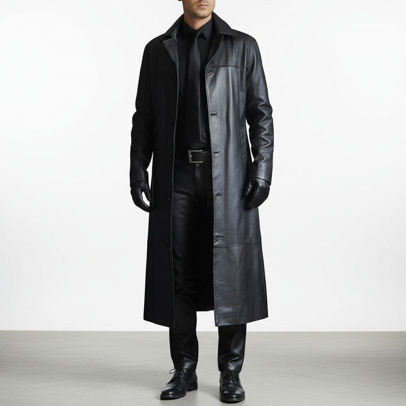 Asier | Chaqueta de Cuero Larga Hombre Cuello Solapa