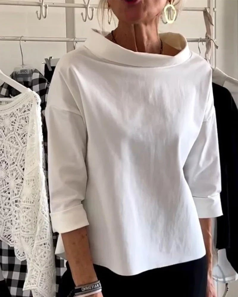 Cristina | Camisa Blanca Mujer Cuello Barco Manga 3/4 Hombros Caídos