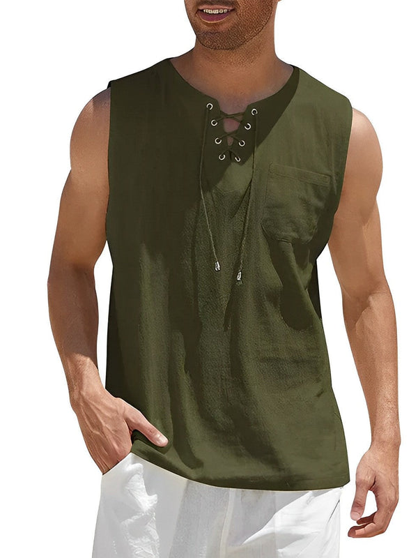 Iker | Camiseta Sin Mangas Oversize Hombre Escote Cordones Bolsillo
