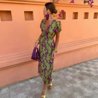 Victoria | Vestido Largo Floral Verde Manga Abullonada
