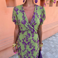 Victoria | Vestido Largo Floral Verde Manga Abullonada