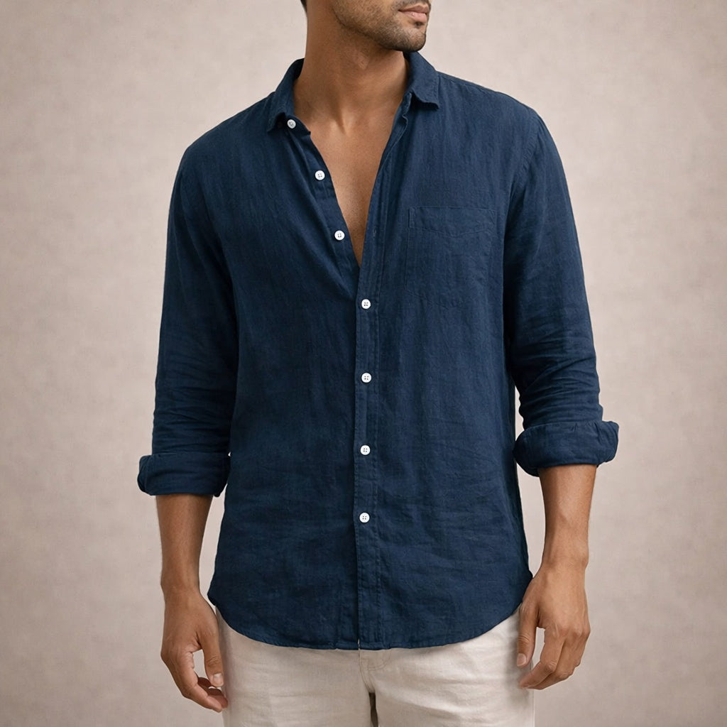 Adrián | Camisa de Lino de Manga Larga Hombre Cuello Abierto