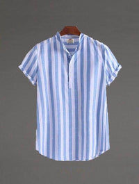 Arnau | Camisa de Lino de Manga Corta Hombre Rayas Cuello Mao