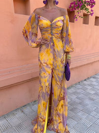 Nuria | Vestido Largo Floral Escote Profundo Amarillo