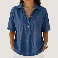 Inés | Blusa de Lino Manga Corta Mujer Cuello Polo Botones