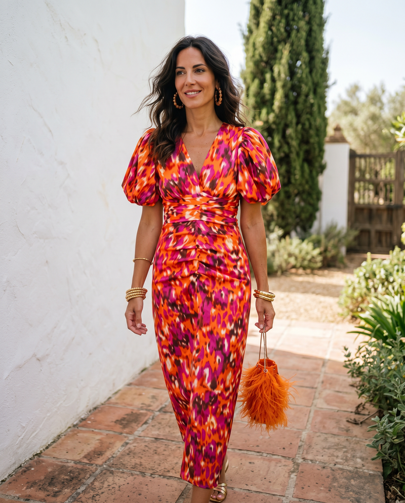 Ainhoa | Vestido Midi Floral Manga Abullonada