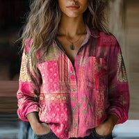 Raquel | Camisa de Manga Larga Estampada Mujer Botones Cuello Solapa